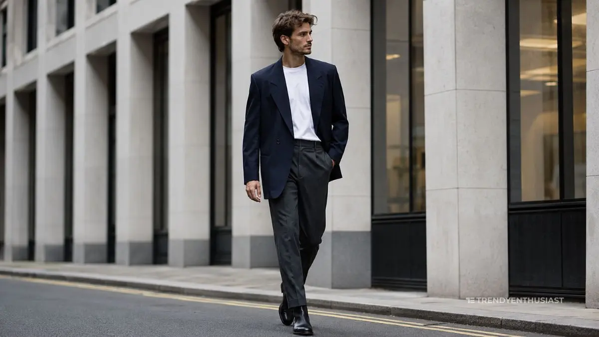 Modern men's outfit inspired by 1980s fashion in London.