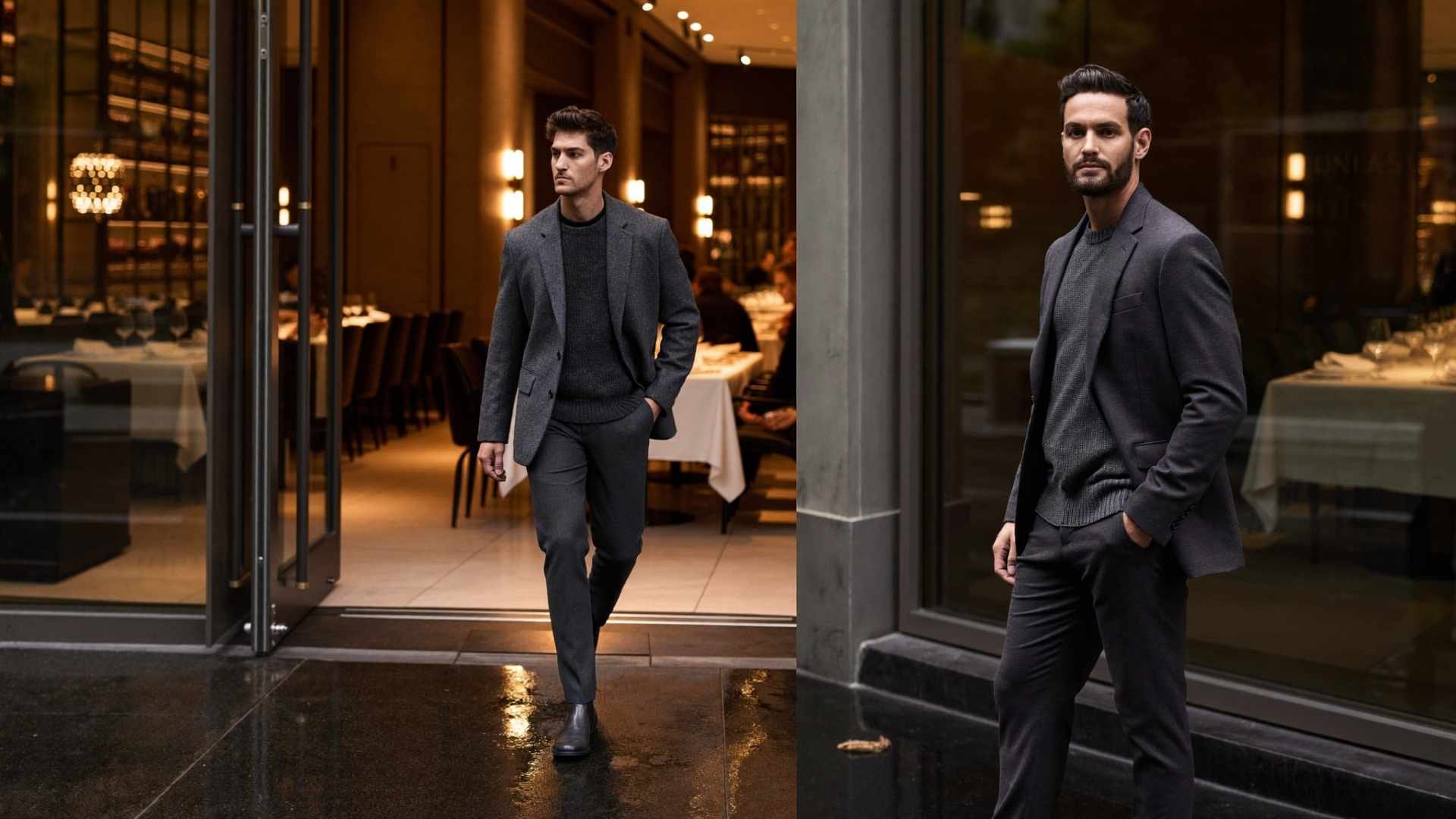 mens dinner date outfit tonal charcoal tailoring London restaurant