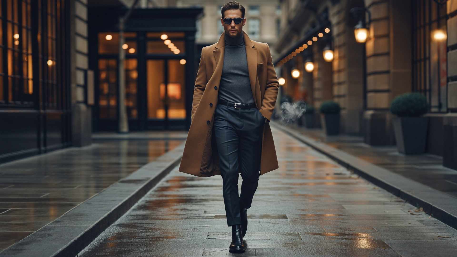 mens winter date night outfit roll neck camel overcoat London