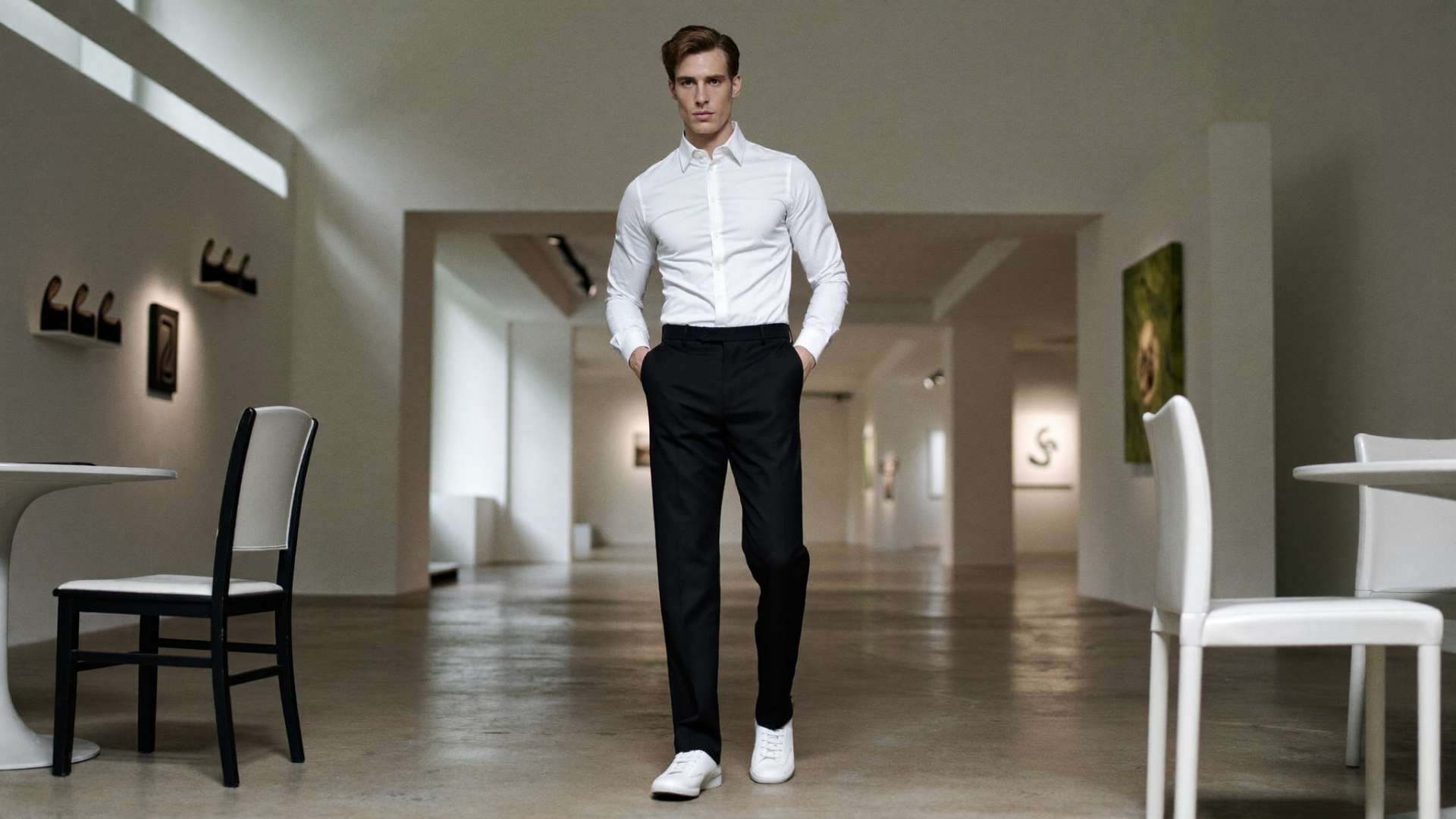 minimalist date night outfit men white shirt black trousers London gallery
