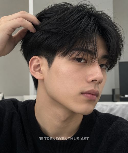 Young Asian man with a two-block haircut, lifting the top hair to reveal a softly tapered undercut in a close-up smartphone portrait.