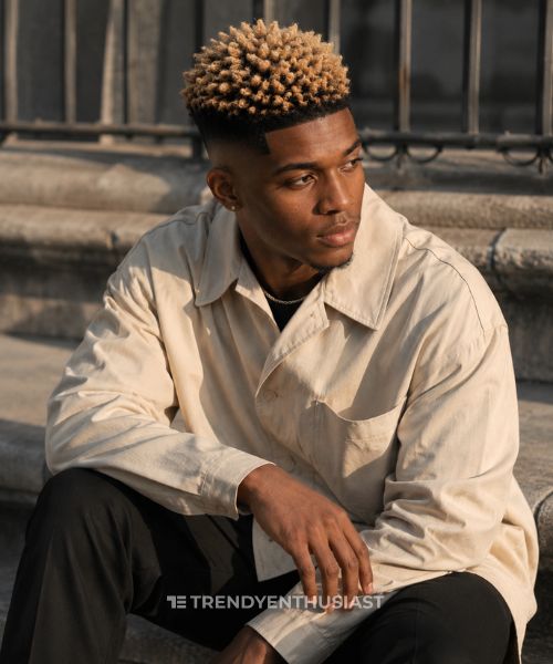 Black man with a blonde sponge-twist top and skin fade haircut