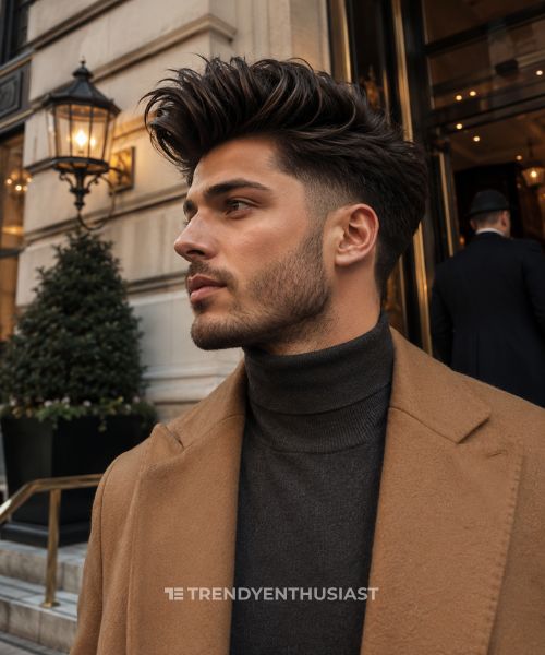 A man with a thick, voluminous textured quiff haircut paired with a clean mid-taper fade on the sides and a neatly groomed short beard.