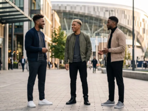 Three Black men with modern high-top fade hairstyles in a stylish urban setting showing bukayo saka haircut