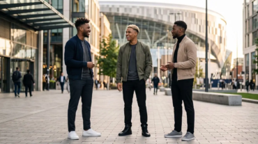 Three Black men with modern high-top fade hairstyles in a stylish urban setting showing bukayo saka haircut