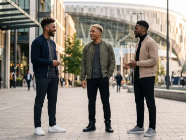 Three Black men with modern high-top fade hairstyles in a stylish urban setting showing bukayo saka haircut