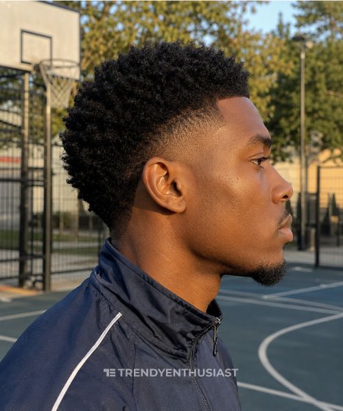 Black British man with a burst taper fade haircut at an outdoor basketball court, side profile.