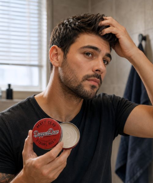 man setting his hair with dapper dan strond hold matte clay