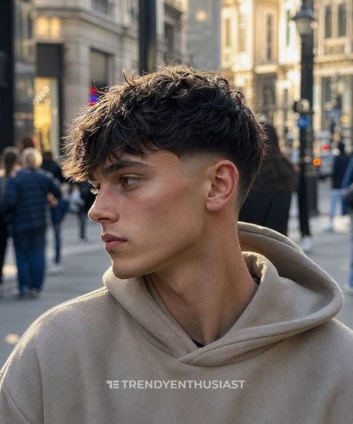 Fluffy Edgar taper fade haircut with textured fringe and low taper fade on a stylish young man in a beige hoodie.