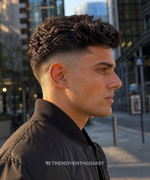 Mediterranean man with a high taper fade in side profile wearing a black bomber jacket in London's business district.