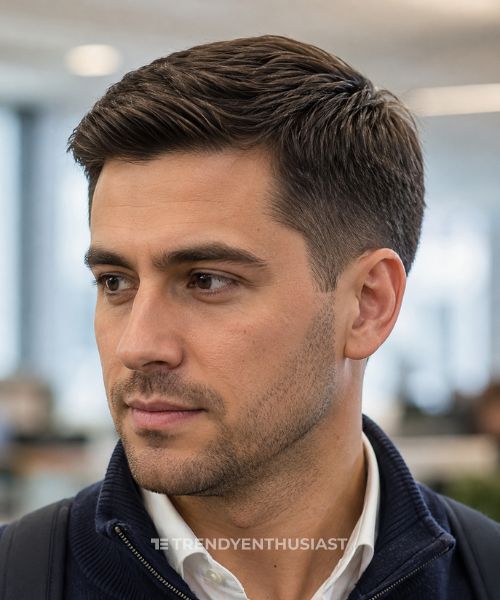 Man with a classic Ivy League haircut featuring a low taper fade and side-swept matte-styled dark brown hair in a close-up portrait.
