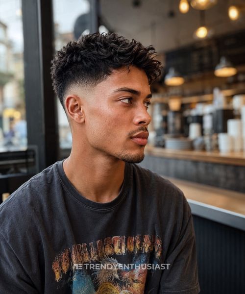 Mixed-race British man with a mid taper fade and textured top in a London coffee shop.