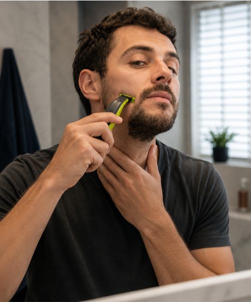 A man trimming his beard with philips one blade hybrid 360 blade