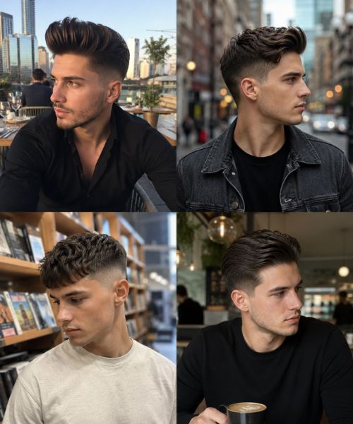 Four men showcasing Pompadour, Quiff, Textured Crop, and Comb Over hairstyles in realistic urban and café settings