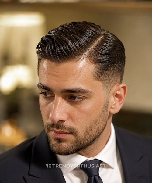Man with a classic side-part hairstyle and low taper fade, styled with a glossy pomade finish in a close-up formal portrait.