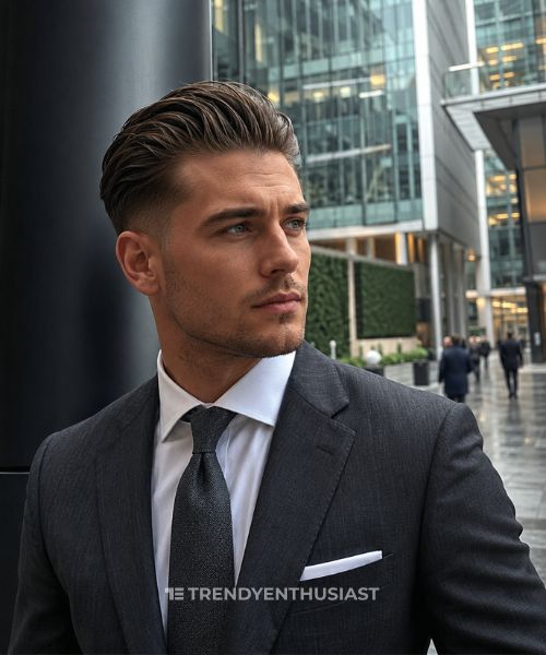 British businessman with a slicked back taper fade in a charcoal suit at Canary Wharf.