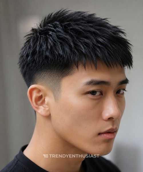 Close-up portrait of a young man with straight black hair, a low taper fade, and textured point-cut top styled with a matte finish against a softly blurred background.