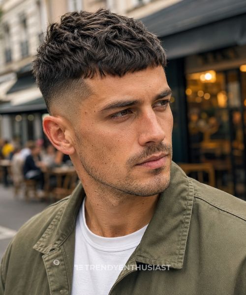 Fashionable French man with a textured French crop taper haircut featuring a mid taper fade and blunt fringe, wearing an olive chore jacket over a white T-shirt on a softly blurred Parisian café street.