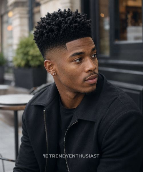 Black man with a textured high-top haircut and clean drop fade