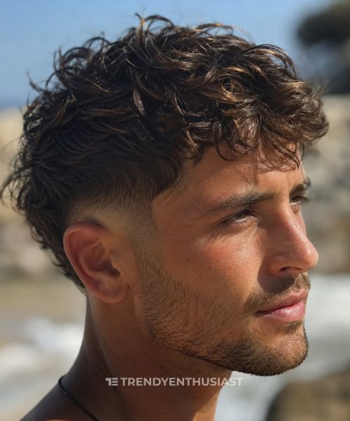 Young man with wavy hair and a low drop fade in a close-up beach portrait.