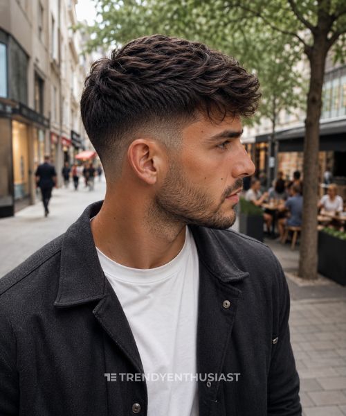 Man with a clean low fade haircut walking outdoors.