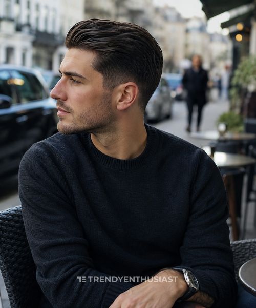 A man sitting on chair with taper fade