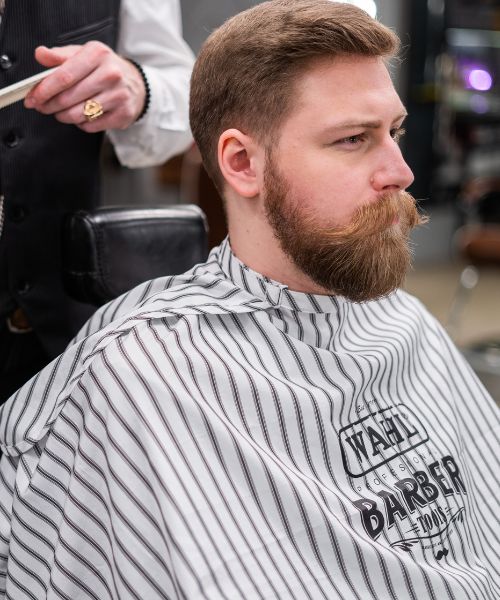 A person with a beard and taper haircut sits in a barber chair, draped in a striped barber cape with the Wahl Barber logo.