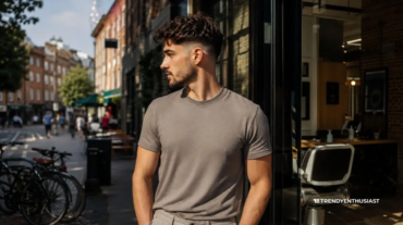 A stylish man with taper fade outside a modern barbershop showing low fade vs taper fade difference
