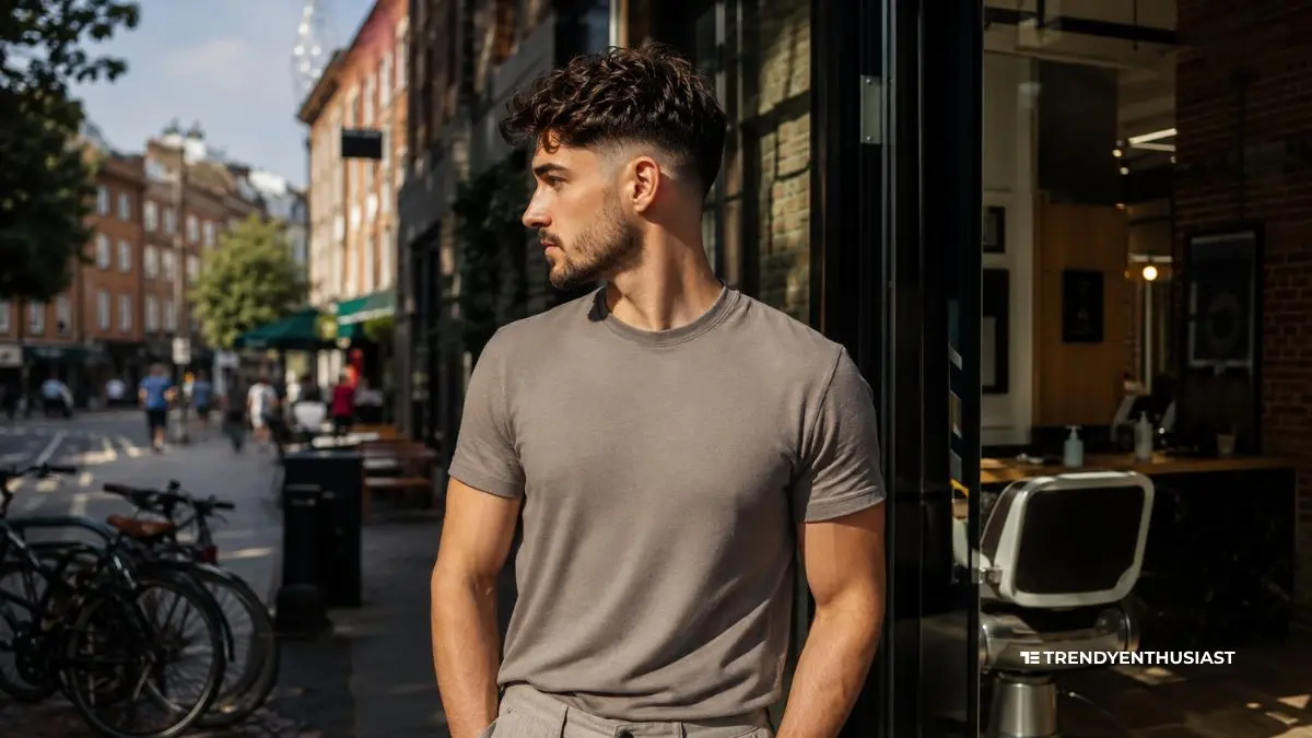 A stylish man with taper fade outside a modern barbershop showing low fade vs taper fade difference