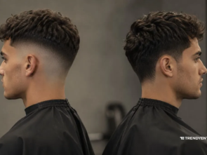 Side by side profile of two men showing the difference between a skin fade vs taper fade on the right.