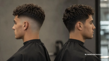 Side by side profile of two men showing the difference between a skin fade vs taper fade on the right.