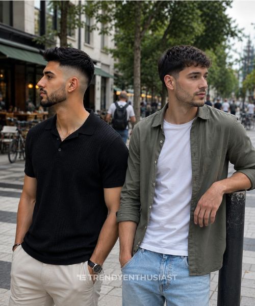 Two men standing on a city street comparing a skin skin fade haircut and a taper fade haircut while wearing different casual outfits.