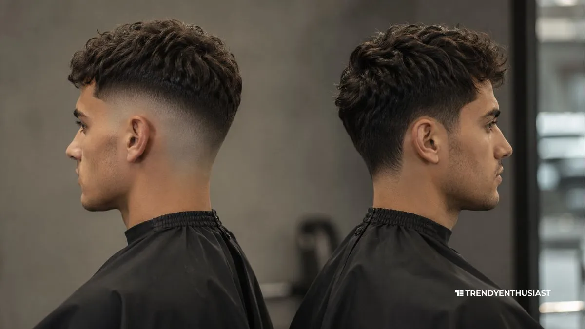 Side by side profile of two men showing the difference between a skin fade vs taper fade on the right.