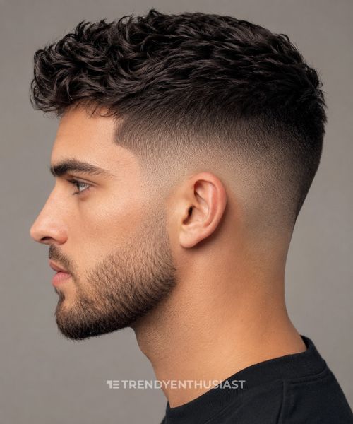Left side profile of a young man with a mid skin fade haircut featuring a smooth transition from textured hair on top to bare skin around the sides.