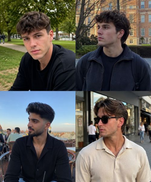 Different face shapes with flattering men's hairstyles in realistic outdoor settings, helping choose the best hairstyle for your face shape