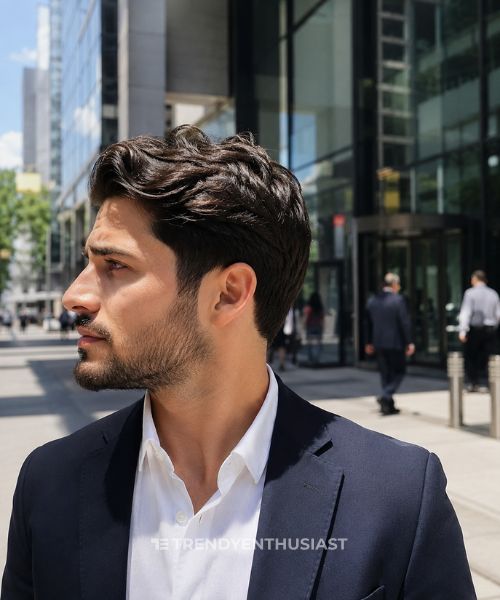 Man with a classic low taper haircut standing outside a modern office building in daylight.