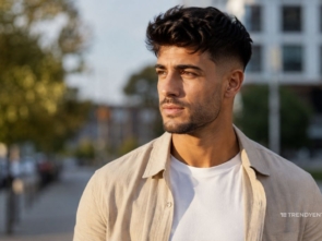 A young man with low fade haircut wearing shirt.
