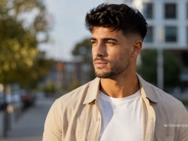 A young man with low fade haircut wearing shirt.