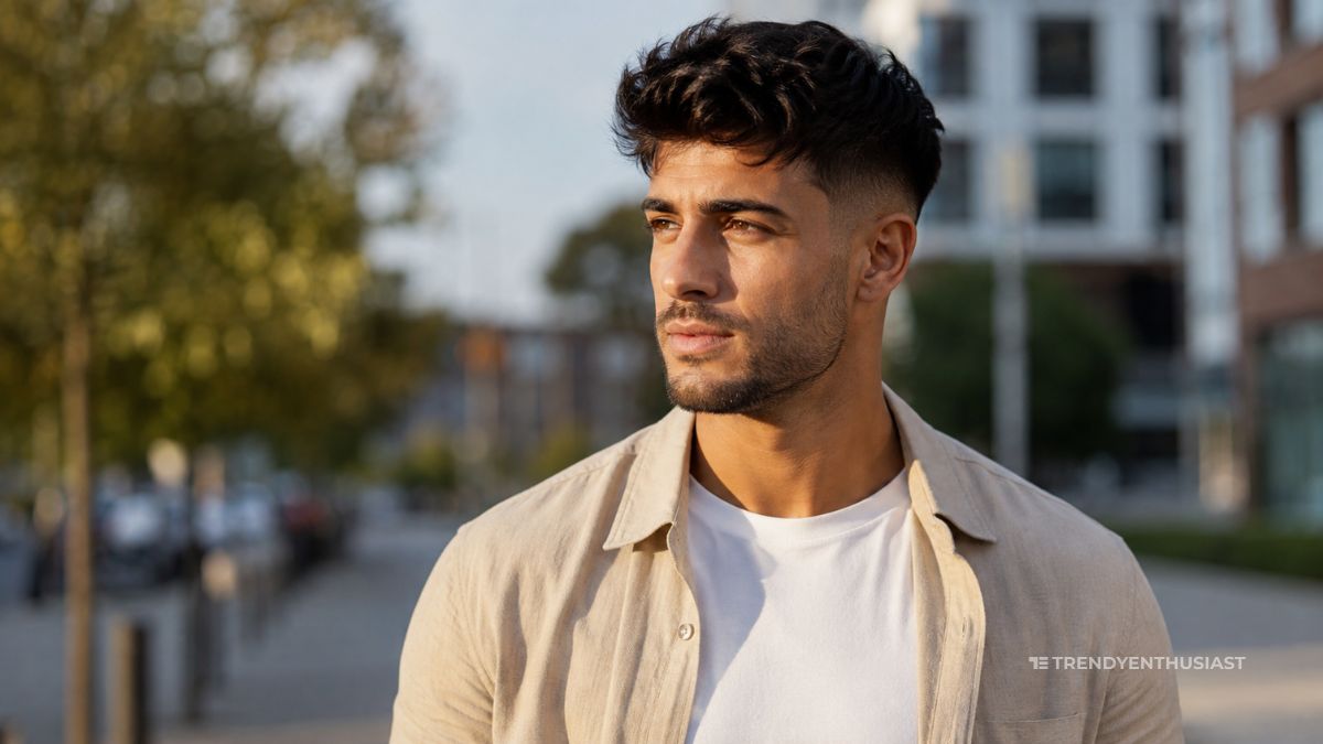 A young man with low fade haircut wearing shirt.