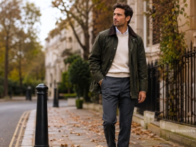 Autumn outfits for men with layered wool sweater and waxed jacket
