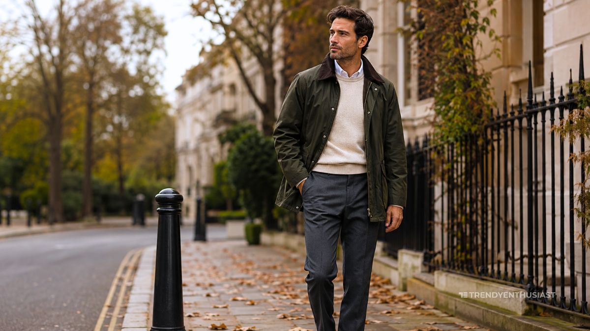 Autumn outfits for men with layered wool sweater and waxed jacket