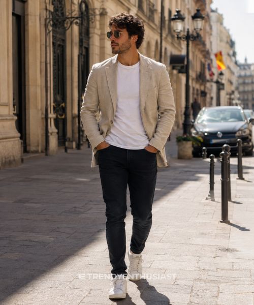 Man wearing a beige unstructured linen blazer walking through a European street in warm afternoon sunlight.