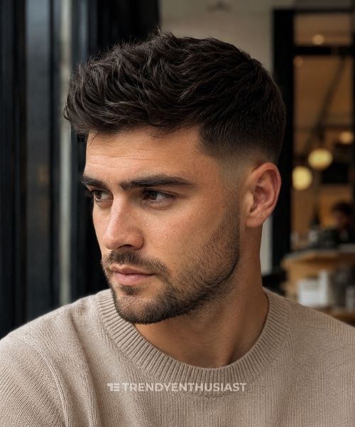 British man with a classic low fade haircut and textured top in a beige knit sweater.