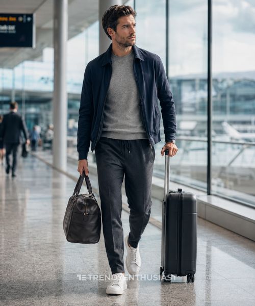 Man wearing a refined luxury travel outfit inside a modern airport terminal.