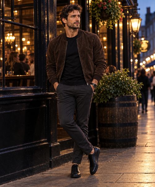 Man wearing a suede bomber jacket, black T-shirt, charcoal chinos, and leather sneakers outside a pub.
