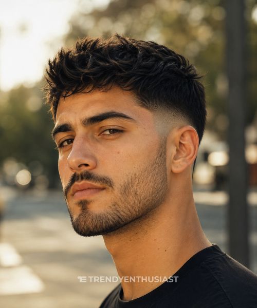 Man with a textured top and sharp low drop fade haircut in a warm outdoor portrait.