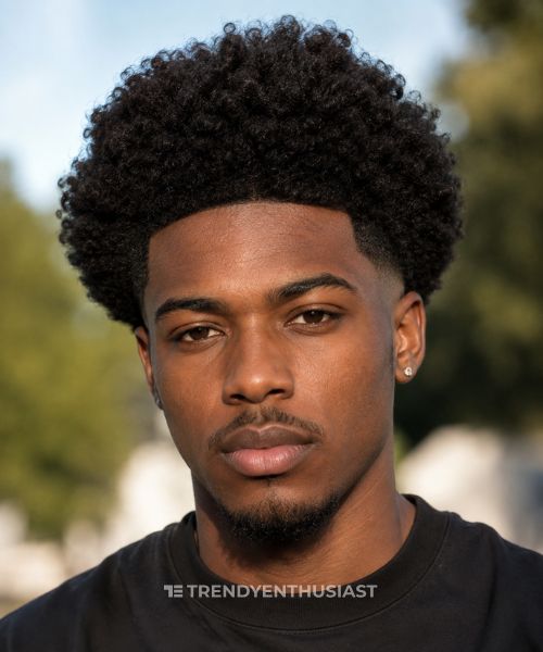 Man with a low fade afro featuring a full, rounded natural afro and clean faded sides.