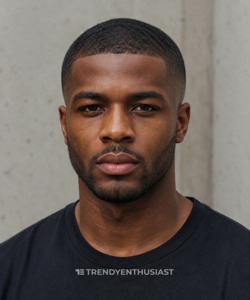 African-British man with a low fade buzz cut and short beard wearing a black T-shirt.