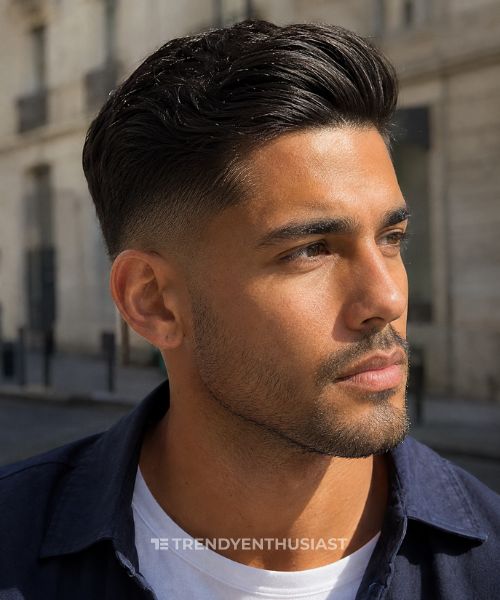 Close-up portrait of a stylish man with a low fade comb over hairstyle wearing a navy overshirt, photographed outdoors in soft morning light.