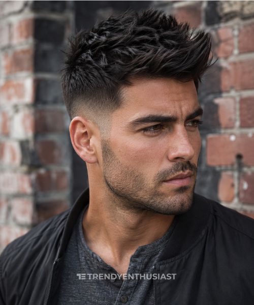 Australian man with a textured low fade faux hawk hairstyle, wearing a charcoal Henley and black jacket against a blurred brick wall.